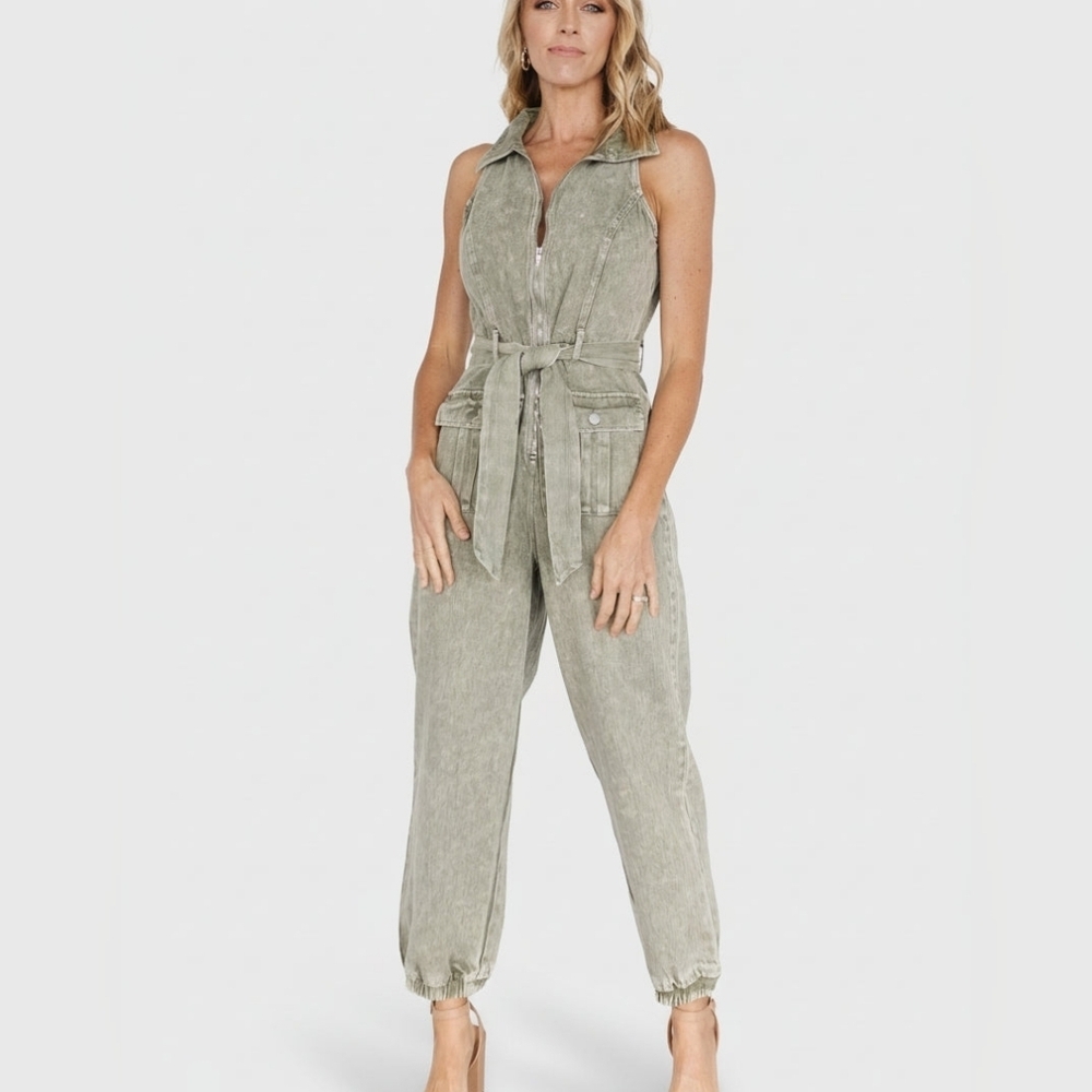 Baltic Born Zahara Sleeveless Cotton Jumpsuit in Washed Olive Denim – Size S